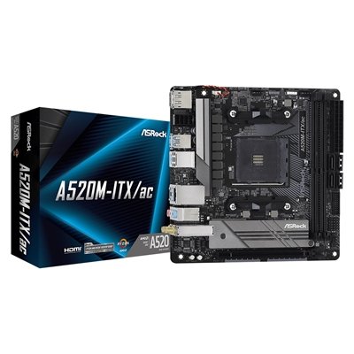 ASRock A520M-ITX/ac AMD AM4 Socket Motherboard, Mini-ITX, 2x DDR4 Slots, 1x M.2 Socket, GbE LAN, Wi-Fi 5, 1x DisplayPort / 1x HDMI Port
