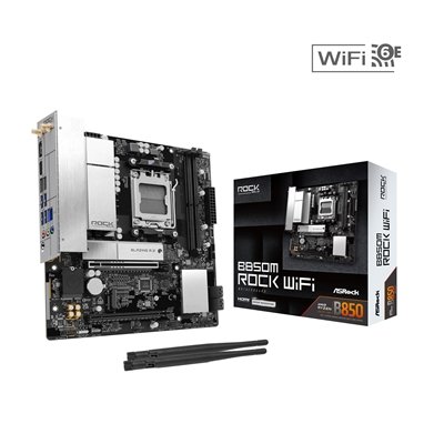 ASRock B850M Rock WiFi AMD AM5 Socket Motherboard, Micro-ATX, 2x DDR5 Slots, 2x M.2 Socket, Fitted I/O Shield, 2.5GbE LAN, Wi-Fi 6E, 1x DisplayPort / 1x HDMI Port