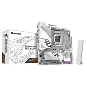 Gigabyte B850M AORUS ELITE WIFI6E ICE AMD AM5 Socket Motherboard, Micro-ATX, 4x DDR5 Slots, 2x M.2 Sockets, Fitted I/O Shield, 2.5GbE LAN, Wi-Fi 6E, 1x DisplayPort / 1x HDMI Port
