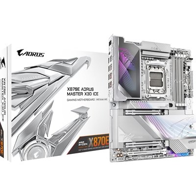 Gigabyte X870E AORUS MASTER X3D ICE AMD AM5 Socket Motherboard, ATX, 4x DDR5 Slots, 5x M.2 Sockets, Fitted I/O Shield, 10GbE LAN, Wi-Fi 7, 1x HDMI Port / 2x USB-C (USB4)