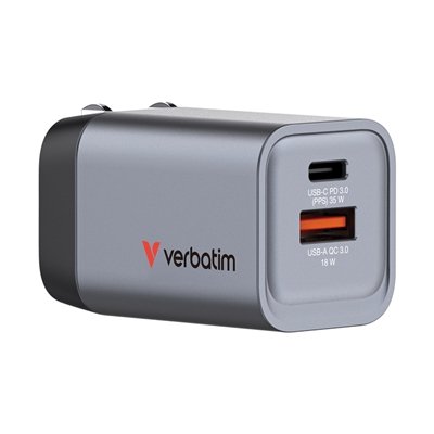 Verbatim (32200) GNC-35 GaN Charger 35W with 1 x USB-C PD 35W / 1 x USB-A QC 3.0 (EU/UK/US)