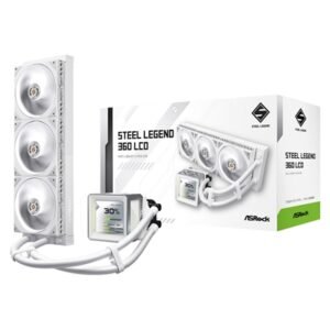 ASRock Steel Legend 360 LCD White AIO Liquid CPU Cooler, 360mm Radiator, Triple 120mm PWM ARGB Fans, LCD Display, Intel LGA1700/1851 & AMD AM5/AM4 Compatible