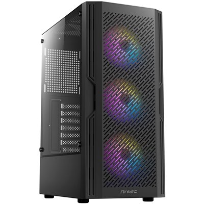Antec AX20 Case, Black, Mid Tower, 1 x USB 3.0 / 2 x USB 2.0, Tempered Glass Side Window Panel, Slanted Bar & Mesh Design for Massive Airflow, 3 x Pre-Installed RGB LED Fans, ATX, Micro ATX, Mini-ITX Compatible