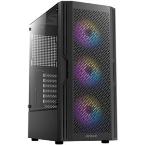 Antec AX20 Case, Black, Mid Tower, 1 x USB 3.0 / 2 x USB 2.0, Tempered Glass Side Window Panel, Slanted Bar & Mesh Design for Massive Airflow, 3 x Pre-Installed RGB LED Fans, ATX, Micro ATX, Mini-ITX Compatible