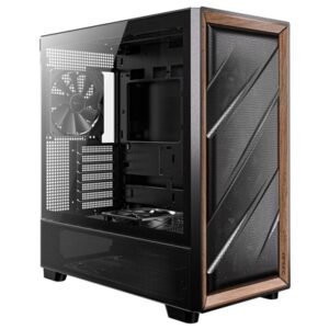 Antec FLUX Mid Tower Gaming Case, 1 x USB Type-C / 2 x USB 3.0, Tempered Glass Side Window Panel, Multi-directional Vent Design, Walnut Wood Accents, 5 x Pre-Installed PWM Fans, E-ATX (=330mm), ATX, Micro-ATX, ITX Compatible