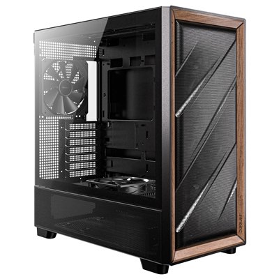 Antec FLUX Mid Tower Gaming Case, 1 x USB Type-C / 2 x USB 3.0, Tempered Glass Side Window Panel, Multi-directional Vent Design, Walnut Wood Accents, 5 x Pre-Installed PWM Fans, E-ATX (=330mm), ATX, Micro-ATX, ITX Compatible