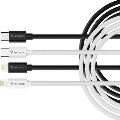 Verbatim Essentials Sync & Charge USB-C to Lightning Cables (2 pack) Black & White, 1m, 27W PD, 480Mbps, USB Power Delivery 3.0 Supports Up To 27W Charging Power